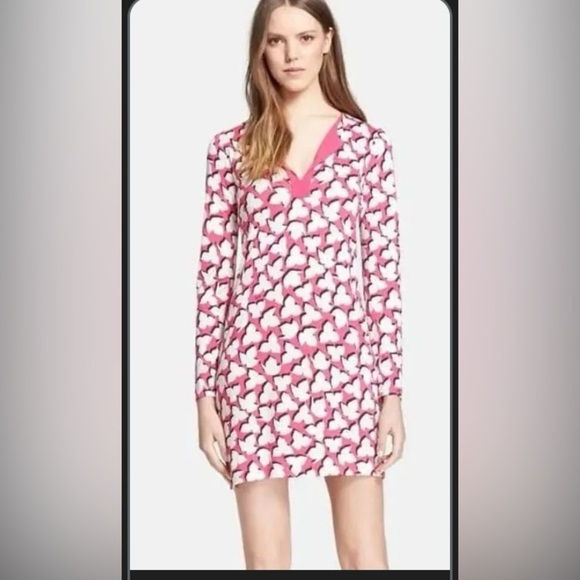 Diane Von Furstenburg Women’s Size 2 Pink and White Dress V Neck Silk - Picture 1 of 15